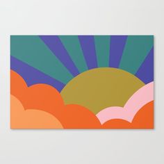 an abstract painting with sunbursts and clouds in blue, green, pink, orange and yellow