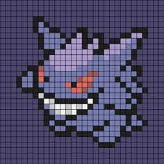 A pixel art template of Gengar from Pokémon. Crochet Pixel Pattern Pokemon, Cute Pixel Art 16x16, Gengar Cross Stitch Pattern, Gengar Perler Bead Pattern, Pixel Art 20x20 Grid, Hama Beads Patterns Pokemon, Gengar Perler Beads, Pokemon Alpha Pattern, 8 Bit Pokemon