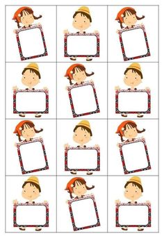 a set of four pictures with different faces and frames in the shape of children's heads