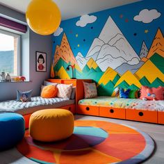 a child's bedroom decorated in bright colors with mountains and clouds painted on the wall