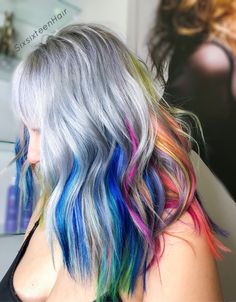 Hair With Peekaboo Color, Rainbow Peekaboo, Curly Gray Hair, Ash Gray Hair Color, Hair Dye Videos, Peekaboo Hair Colors, Peekaboo Color, Grey Curly Hair