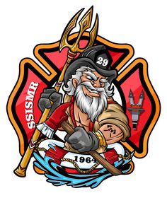 an old man with a long beard holding a stick and wearing a hat, sitting in front of a fire department emblem