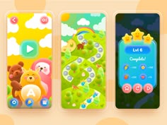 three mobile phone screens with different themes on them, one for children and one for adults