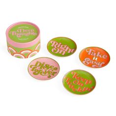 five different colored buttons with the words mean and don't try on them in pink, green, orange and white