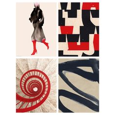 four different abstract paintings with red, black and white designs on them are featured in this collage