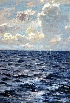 an oil painting of the ocean with clouds