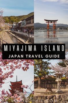 japan travel guide with the words miyajima island, japan travel guide