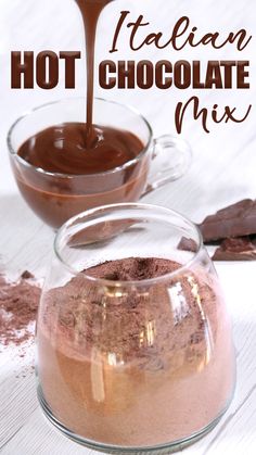 hot chocolate mix is being poured into a glass pitcher with cocoa in the background and text overlay