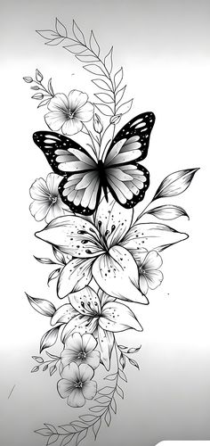 a black and white drawing of flowers with butterflies