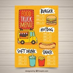 food truck menu with hotdogs, hamburger and soda on the table in front of it