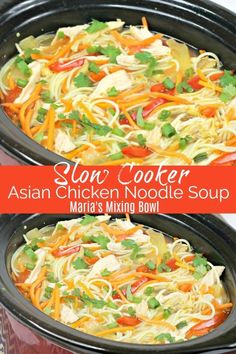 Brothy Soup Recipes Crock Pot, Asian Veggie Soup, Chicken Soup With Rice Noodles, Simple Noodle Soup, Healthy Slow Cooker Soup, Asian Chicken Soup, Soup With Rice Noodles, Slow Cooker Asian Chicken, Veggies And Noodles