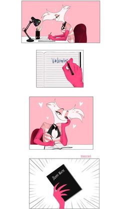 an animated comic strip with pink and black characters