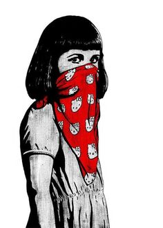 a drawing of a woman wearing a red bandana with white cats all over her face