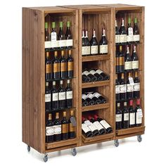 a wooden wine rack filled with lots of bottles