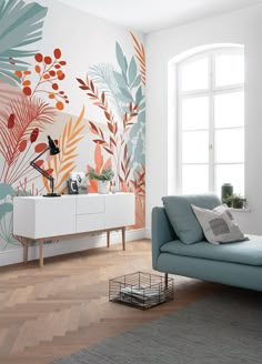 The revitalizing energy of a tropical summer radiates from this cheerful wall mural! Delicate foliage and lush palms are inked in shades of soft teal, orange, and red against a white and neutral color-blocked backdrop. Tropical Flora Wall Mural comes on 4 panels. Measures 6-ft 6-in wide by 8-ft 2-in tall when assembled. Komar Aspiring Colours Wall Mural in Orange | X4-1073 Mountains Photo, Living Room Murals, Wall Painting Decor, Wall Paint Designs, Ink Blue, Mural Wall Art, Wall Paint, Room Wall Art, Photo Wallpaper