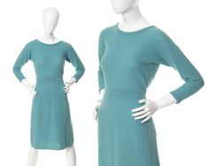 "♡ PLEASE ENLARGE PHOTOS FOR MORE DETAIL ♡ D E T A I L S * 1950s sweater dress * bouclé knit wool * pretty blue color * three quarter dolman sleeves * elastic waist * pencil skirt * pullover fit, no closures * unlined * label: no tag present M E A S U R E M E N T S fits like a: small shoulders: undefined bust: 34/35\" (waist stretches up to 35\" max to pull down over bust) waist: 26-28\" hips: 37-44\" length: 40\" bodice length: 16\" sleeve length: 20.5\" (from neckline) C O N D I T I O N Excellent vintage condition. No issues to note! Freshly cleaned and ready to wear! ➳ Please read store policies prior to purchase. Thank you!! xoxo, Allyson ♥ Visit the shop! http://www.birthdaylifevintage.etsy.com ♥ Follow on Instagram! @birthdaylifevintage http://instagram.com/birthdaylifevintage" 1950s Sweater, Winter Sweater Dress, Small Shoulders, Winter Sweater Dresses, Waist Stretches, Vintage 1950s Dresses, Winter Pullover, 50s Dresses, Winter Sweater