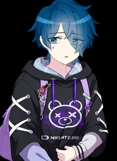 an anime character with blue hair wearing a black hoodie and holding his arms crossed