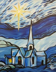 a painting of a church with a star above it