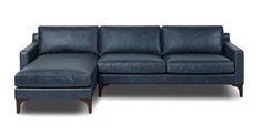 a blue leather sectional sofa with chaise lounger and footstool on an isolated white background