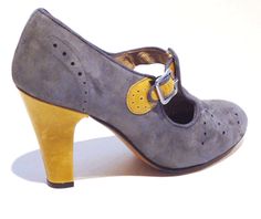 Remix Vintage Shoes, Clouche T-Strap Bootie Heel in Gray Suede/Yellow Patent 1930s Shoes, Vintage Style Shoes, 1930s Style, Vintage Shoe, Classic Clothing, Fab Shoes, Swing Dance