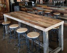 an empty bar with stools and wooden tables