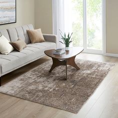 a living room with a couch, coffee table and rugs on the floor in front of large windows