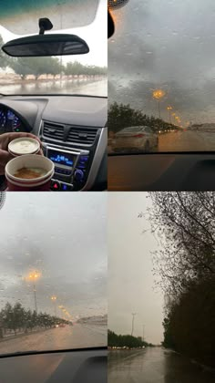 three pictures of the inside of a car with rain