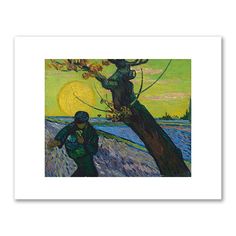 a painting of a man standing next to a tree in front of a yellow sky