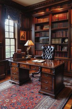 an old fashioned desk in the middle of a room with lots of bookshelves