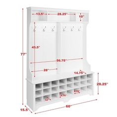 an image of a white wall mounted coat and shoe storage unit with measurements for each section