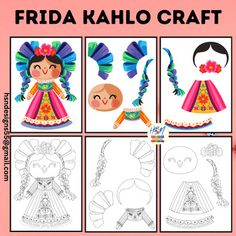 the frida kahlo craft book is shown with pictures of dolls and other items