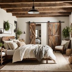 a bed sitting in a bedroom next to two wooden doors