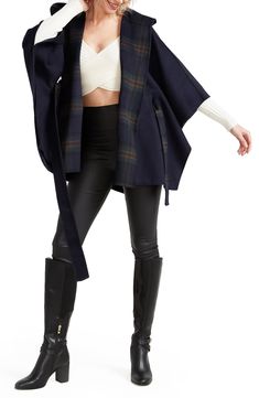 Fall in love with the soft and sumptuous feel of this wool-blend cape featuring side slits for easy movement and a tie belt to complete the look. 31 1/2" length (size Small) Fixed hood Tie belt Unlined 50% wool, 50% polyester Dry clean Imported Model stats: 5'10" height, 32" bust, 25" waist, 36" hip. Model is wearing size Small. Wool Poncho For Workwear, Chic Wool Cape For Fall, Fall Workwear Poncho Cape, Wool Wrap Outerwear For Fall, Chic Fall Wrap Poncho, Elegant Winter Outerwear With Kimono Sleeves, Chic Winter Outerwear With Kimono Sleeves, Calvin Klein Briefs, Maternity Coat