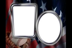 an american flag with a metal frame and baseballs in front of the us flag