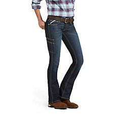 The Ariat� Rebar� DuraStretch Riveter Boot Cut Jeans for Ladies deliver a rugged durability that's perfect for your outdoor lifestyle, and they have built-in give and stretch for astounding comfort and freedom of movement. These Ariat women's jeans are made of 10-oz. DuraStretch ring-spun denim, which is giving, soft, and it's 2 times more durable than many other denims on the market. Plus, they look great, feel great, and these mid-rise, boot-cut women's jeans feature an extra knife pocket and Mucking Stalls, Feeding Horses, Workwear Store, Welding Gear, Clothing Wishlist, Work Pants Women, Work Jeans, Denim Boots, Comfy Pants