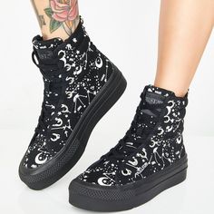 High Top Sneakers That Have A Cosmic Astrology Print, A Lace Up Front Closure, And Comfy Platform Soles. Can't Find Em Anywhere, Please Help If You Got Any Info Or If You Are Selling In Us Size 6 Star Print Round Toe Sneakers For Streetwear, High-top Star Print Sneakers For Streetwear, Casual Black Sneakers With Star Print, Womens Shoes Sneakers, High Top, Top Sneakers, High Top Sneakers, High Tops, Astrology