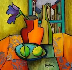 a painting of vases and fruit on a table