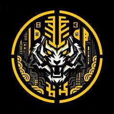 a black and yellow logo with an animal's head in the center on a black background