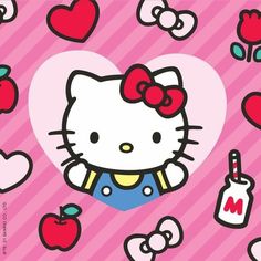 the hello kitty wallpaper has hearts, apples and flowers on it's pink background