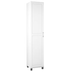 a tall white cabinet sitting on top of a floor