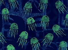 a group of green jellyfish floating in the ocean on a dark blue sky background