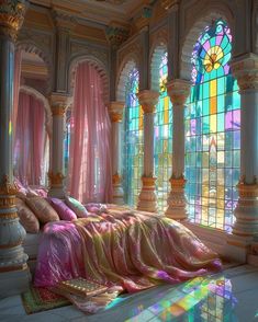 a large bed sitting inside of a bedroom next to stained glass windows in a building