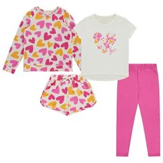 Comfort and style in one? Let your little lady shine and be the wonderful version of themselves in this clothing set by BTween! Featuring a variety of refreshing accents and unique designs, each clothing piece make a great match to any of your child's clothing. The set includes a long sleeve top, short sleeve top, a tutu skirt, a pair of leggings, and an elastic headband. Simply mix and match these bottoms and tees to create various ensembles that are suitable for different occasions including b Trendy Girls Outfits, Flower Pants, Girls Fall, Long Sleeve And Shorts, Elastic Headband, Pant Sets, Comfy Fashion, Kids Outfits Girls, Dresses Kids Girl