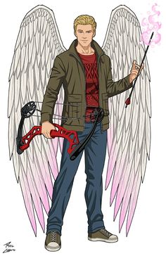 a drawing of a man with angel wings holding a bow and arrow in his hand