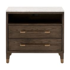 an image of a nightstand with marble top and two drawers on each side, one drawer open