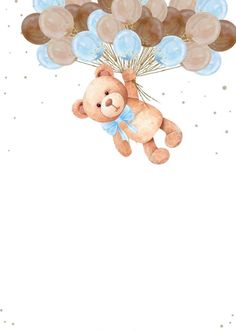 a brown teddy bear flying through the air with blue balloons on it's back