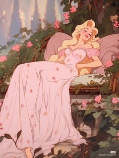 a woman in a pink dress sitting on a bench surrounded by flowers and vines with her eyes closed