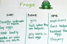 a white board with green writing on it that says frogs and has pictures of eggs