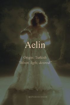 an image of a woman in a white dress with the words aelin on it