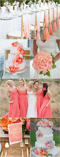 a collage of photos showing different types of wedding cakes and bridesmaid's bouquets